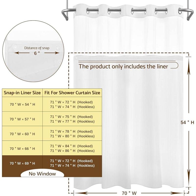 Fabric Snap-in Shower Curtain Liner Replacement, Compatible with Hookless Shower Curtain with Snap in Liner, Removable & Washable, Hotel Style, 70x54, White