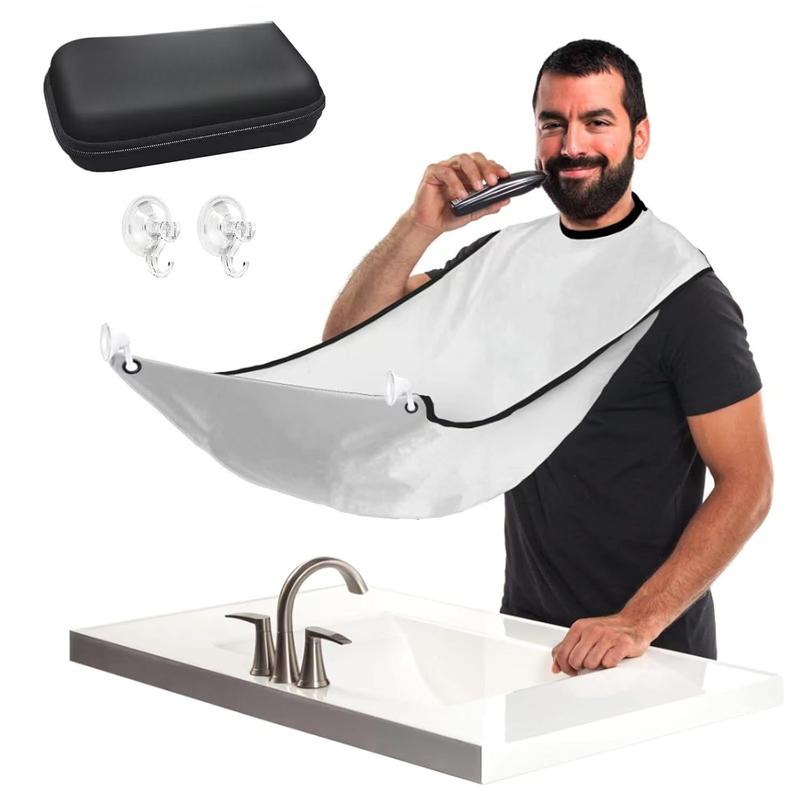 Beard  Bib for Men, Non-stick Beard Shaving Catcher, Beard Trimming Styling Bib with 2 Suction Cups and Storage Bag (White)