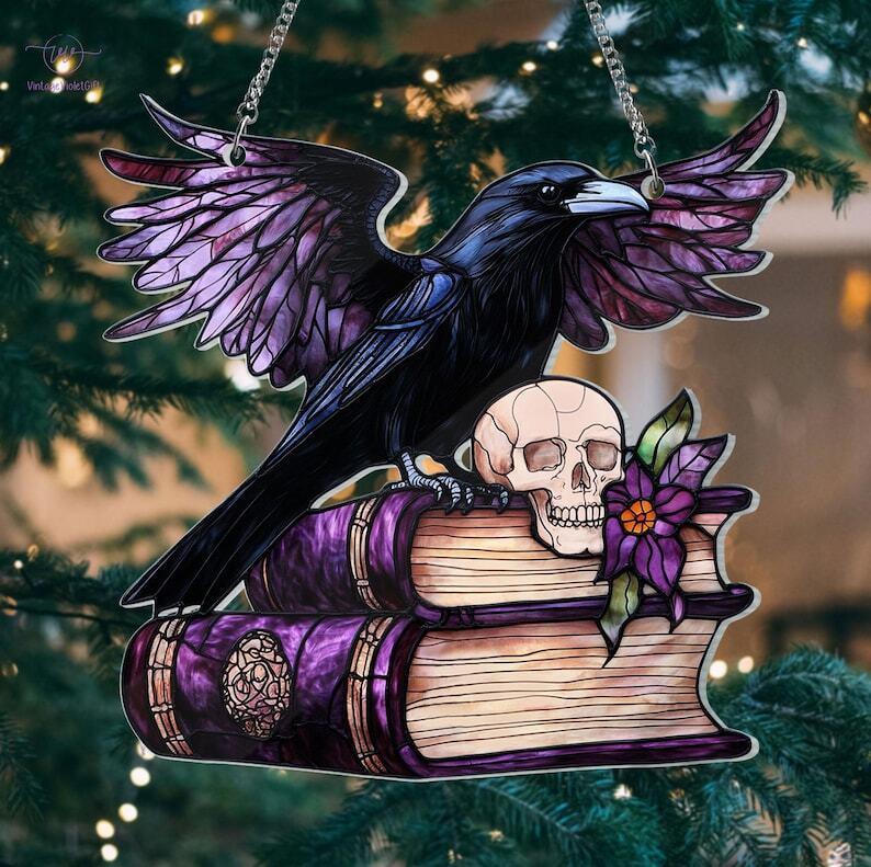 Raven Suncatcher Acrylic Ornament Window Decor, Raven Skull Acrylic Window Hangings, Book Lover gift, Halloween Gift, House decor, Spooky Season