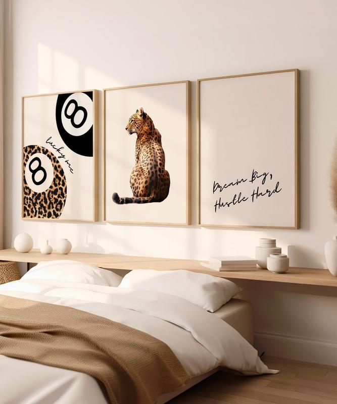 Set of 3 Leopard Wall Art Cheetah Print Lucky 8 Pool Ball Poster Lucky Me Trendy Wall Gallery Preppy Cheetah Print Poster