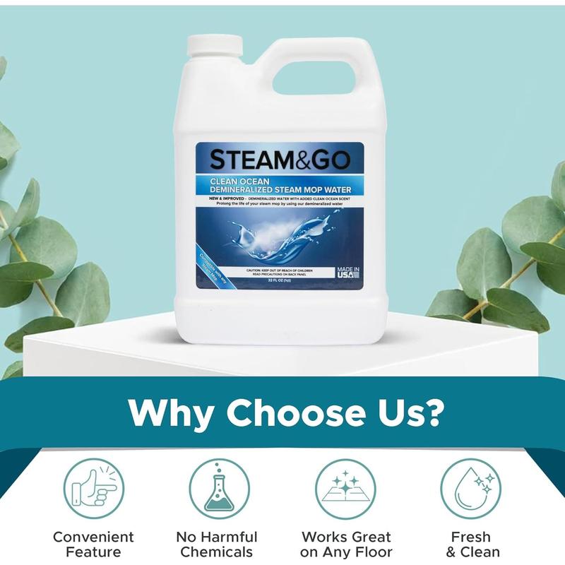 Steam & Go Demineralized Water for Steam Cleaner, PVC-Free Floor Cleaner Liquid Compatible With Any Mop Steamer, Ready-to-Use Multisurface Cleaner, Scented Mop Solution, Clean Ocean, 32 oz