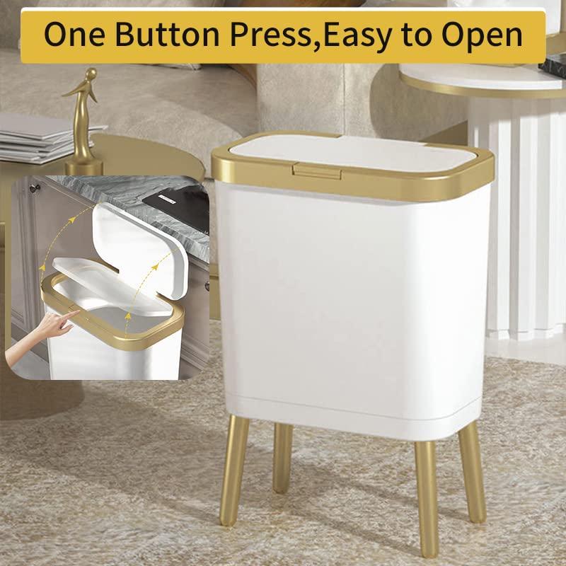 Bathroom Trash Can with Lid, Plastic Garbage Can with Lid, 4 Gal Gold Trash Bin with Push Button, Narrow White Trash Can Waste Basket for Bedroom, Living Room,OfficeDog Proof Trash Can