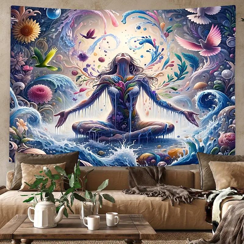 Meditative Dream Woman Pattern Tapestry, 1 Count Colorful Wall Hanging Blanket, Wall Art Decor for Home Living Room Bedroom Office