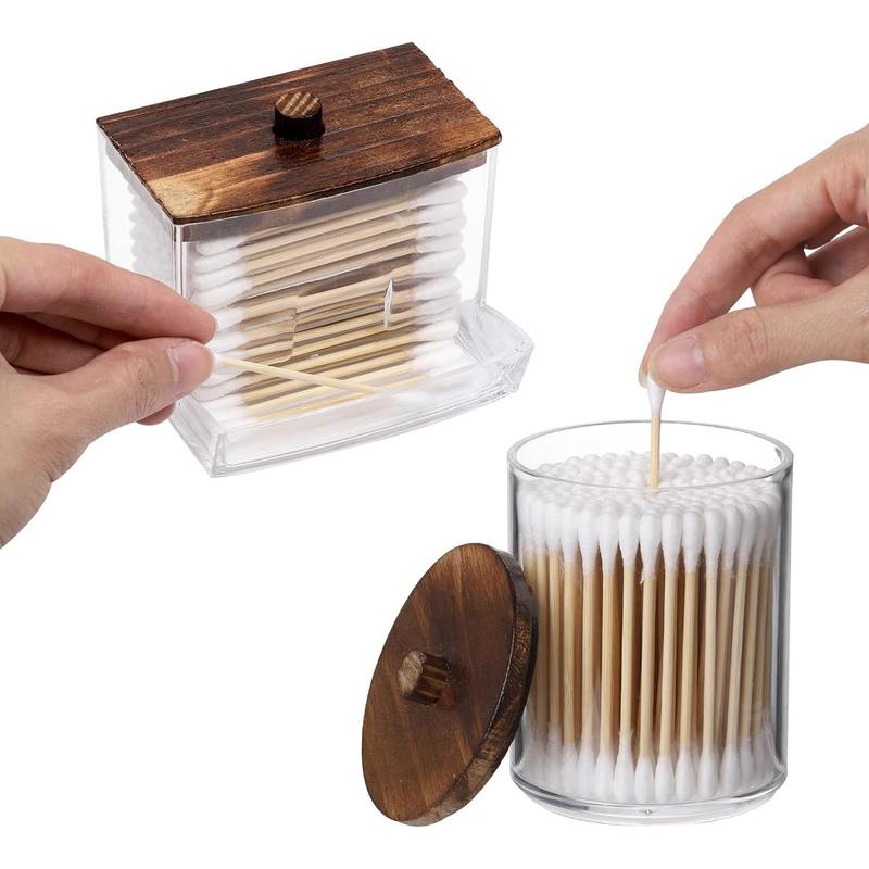 Holder Bathroom Container, 10 7 OZ Cotton Ball Swabs Dispenser, Apothecary Jar Organizer for Storage Brown Wood Lids