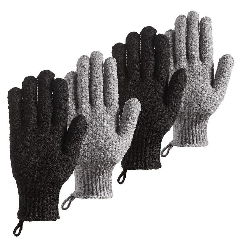 Bath Exfoliating Gloves Scrub - 4 Pcs Lengthened and Large Exfoliating Scrubbing Gloves for Shower, Spa, Massage - Scrub Exfoliating Mitts for Body, Face, Hand and Foot (Black and Gray)