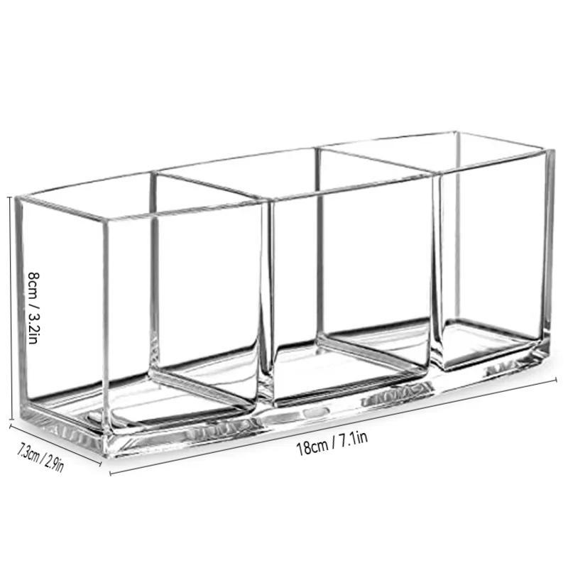 Clear Makeup Brush Storage Box, 1 Count 3-grid Makeup Brush Holder, Desktop Cosmetic Organizer for Home Office Dormitory Bathroom