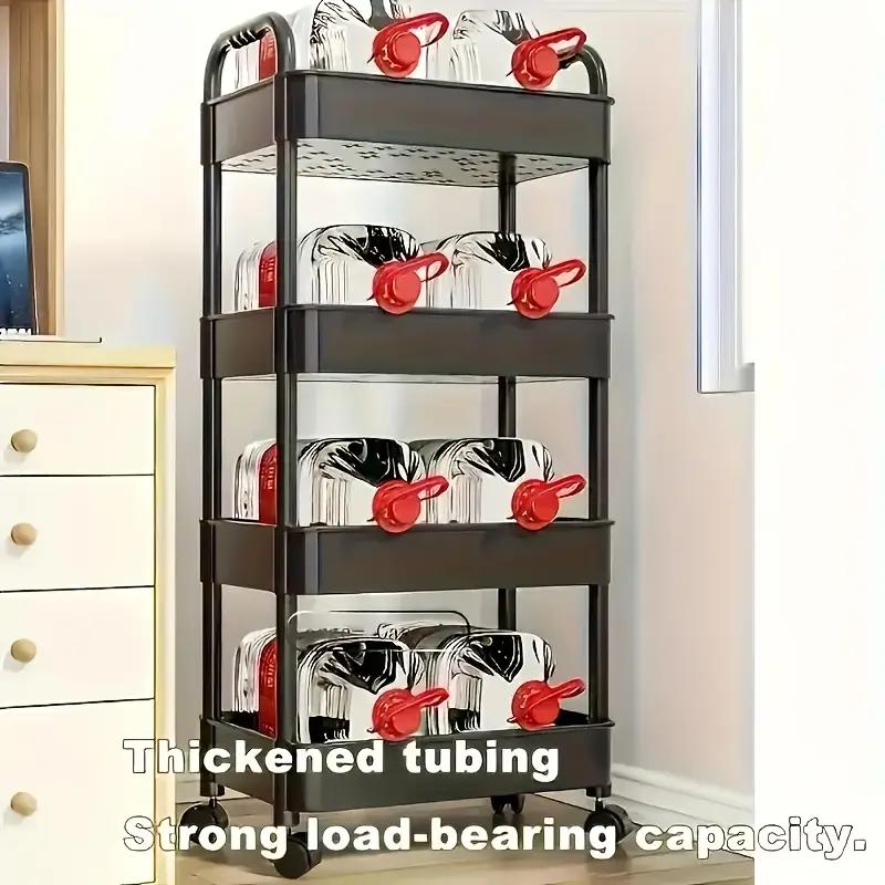 3 4-Tier Plastic Rolling Storage Cart with Adjustable Shelves & Utility Hooks - Space-Saving Organizer for Kitchen, Bathroom, Bedroom Racks