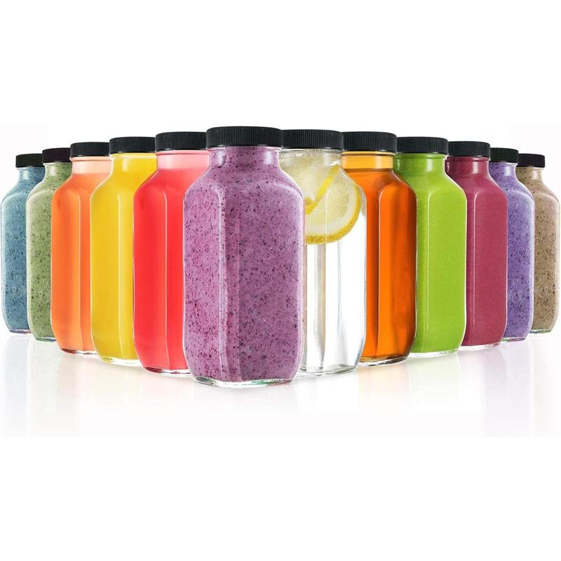 12-Pack Glass Juice Bottles with Lids, 8oz Glass Bottles with Lids for Juice, Smoothie, Water, Milk, Reusable Glass Bottles for Juicing - Bulk Glass Water Bottles with Caps Organiser Tin Canister