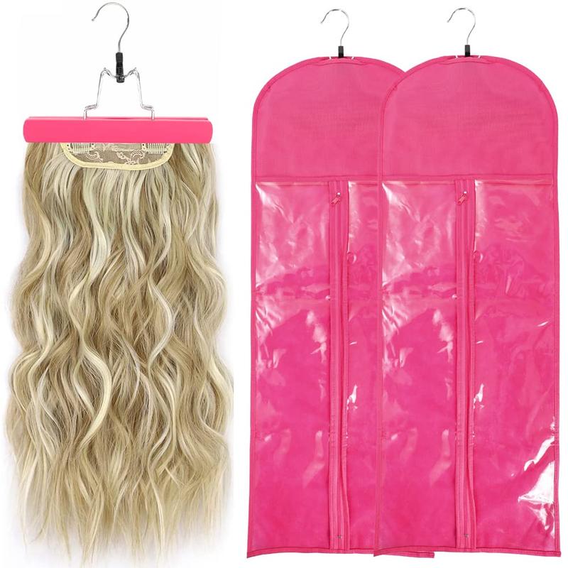 2Pcs Hair Extension Holder, Extra Long Wig Storage Bag with Hanger, Wig Storage for Multiple Wigs Hairpieces, Portable Wig Bags Storage Style Hair Travel Hair Extensions Bag (31.5 Inch, 2Pcs Pink)