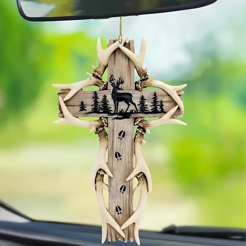 Acrylic Rustic Cross Hanging Ornament - Woodland Moose and Pine Tree Design for Home, Garden, Party Decor, Rearview Mirror Pendant, Keychain Charm, Thoughtful Gift for Friends and Family Hangable Decoration Wooden