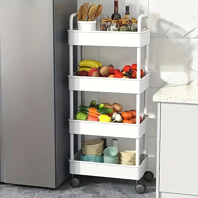 3 4-Tier Plastic Rolling Storage Cart with Adjustable Shelves & Utility Hooks - Space-Saving Organizer for Kitchen, Bathroom, Bedroom Racks