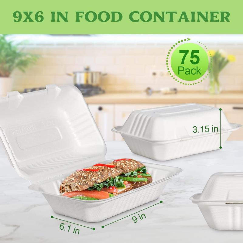 Clamshell Take Out  Container 75 Pack, 9 x 6 Compostable To Go Containers, Disposable To Go Boxes Heavy Duty, Biodegradable  Containers With White Bagasse