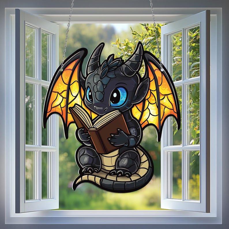 Book Dragon Acrylic Window Hanging, Fantasy Dragon Suncatcher Ornament, Dragon Wall Window Hanging Art Decoration, Bookish Home Decor