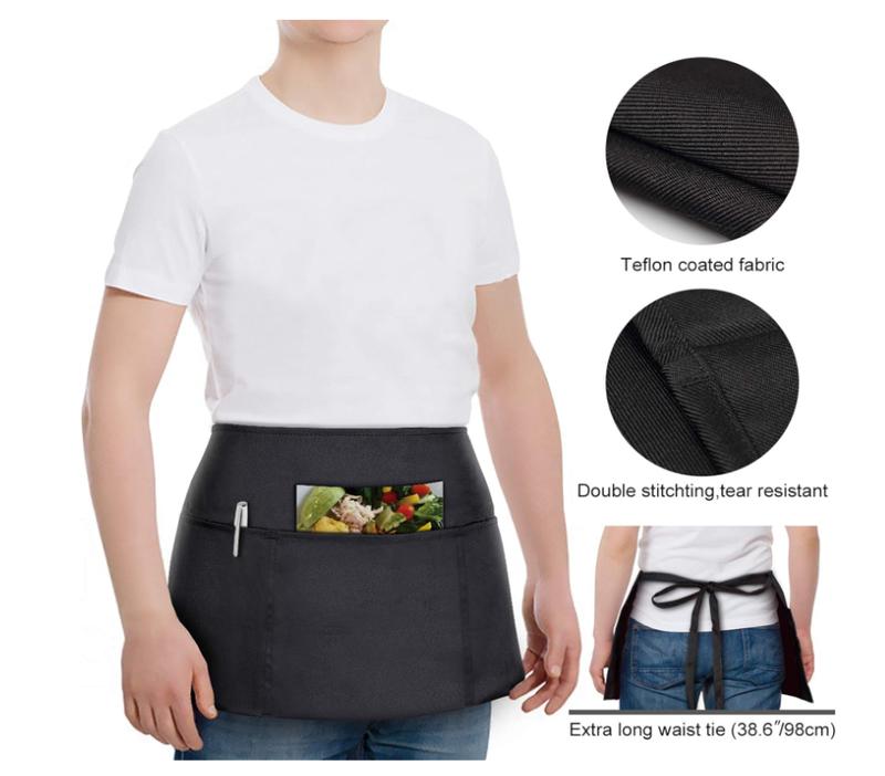 2 pack Waitress Apron - Server Aprons with 3 Pockets - Water & Oil Resistant Waist Apron with Pockets - Black Aprons For Servers - Half Aprons For Women with Pockets - 12 Inch