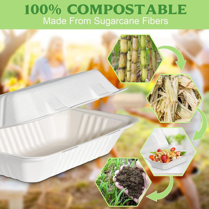 Clamshell Take Out  Container 75 Pack, 9 x 6 Compostable To Go Containers, Disposable To Go Boxes Heavy Duty, Biodegradable  Containers With White Bagasse