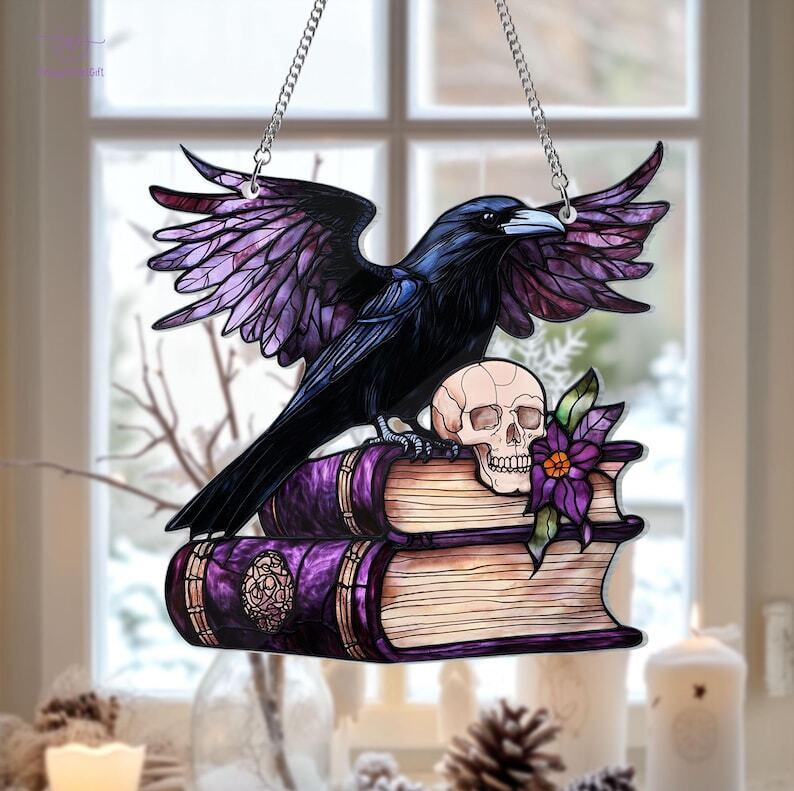 Raven Suncatcher Acrylic Ornament Window Decor, Raven Skull Acrylic Window Hangings, Book Lover gift, Halloween Gift, House decor, Spooky Season