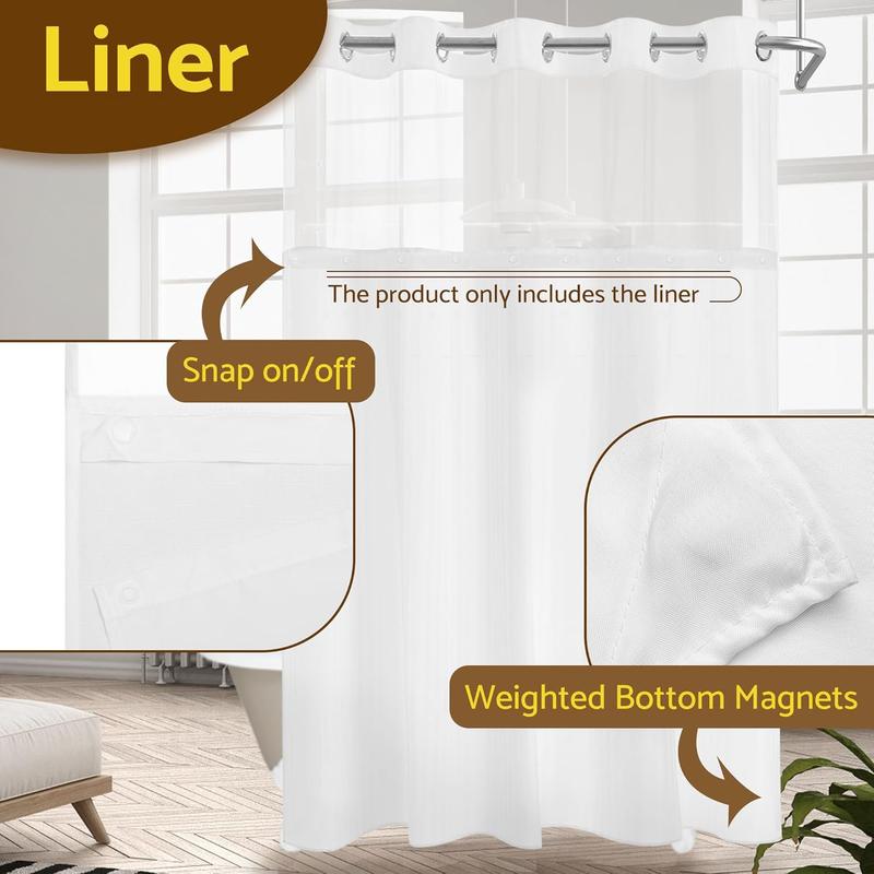 Fabric Snap-in Shower Curtain Liner Replacement, Compatible with Hookless Shower Curtain with Snap in Liner, Removable & Washable, Hotel Style, 70x54, White