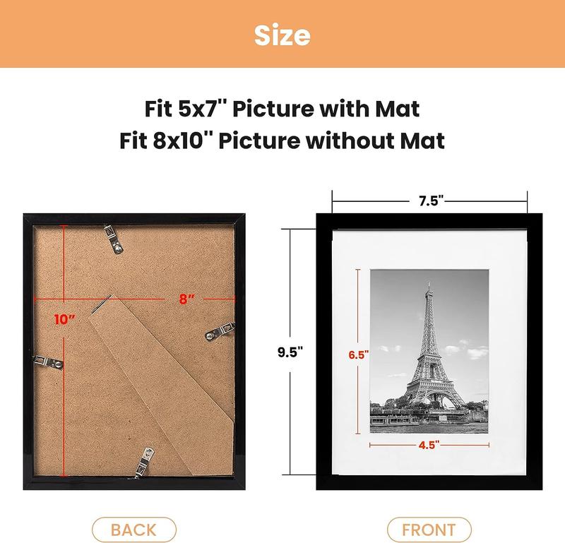 upsimples 8x10 Picture Frame Set of 10, Display Pictures 5x7 with Mat or 8x10 Without Mat, Frames Collage for Wall or Tabletop Display, Black Decor