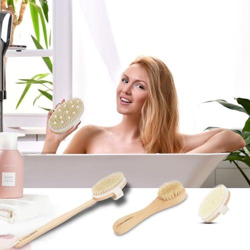 Dry Brushing Body Brush Set Wood Long Handle with 3 Detachable Heads, Face Brush,Body Scrubber Boar Bristle Exfoliator for Lymphatic Drainage and Cellulite,Back Scrubber for Shower