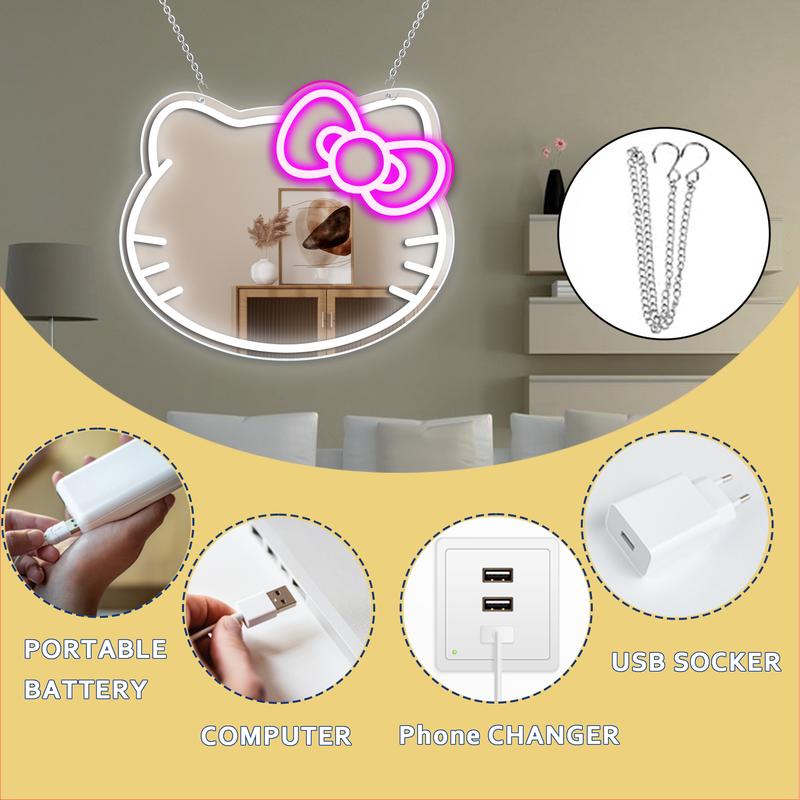 Cat Neon Wall Mirror with Dimmable LED Light Strip - Plastic, Wall Mounted, Switch Controlled, Multi-Use, USB Powered, With Chain, Not Wireless, No Batteries, Decor Room