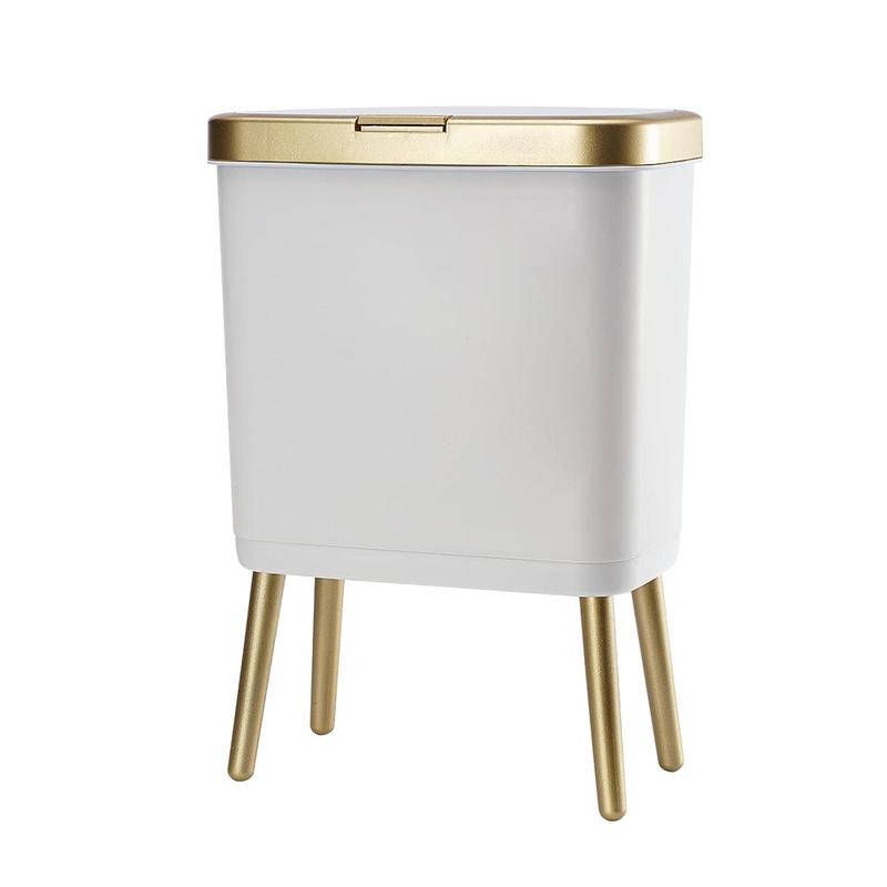 Bathroom Trash Can with Lid, Plastic Garbage Can with Lid, 4 Gal Gold Trash Bin with Push Button, Narrow White Trash Can Waste Basket for Bedroom, Living Room,OfficeDog Proof Trash Can