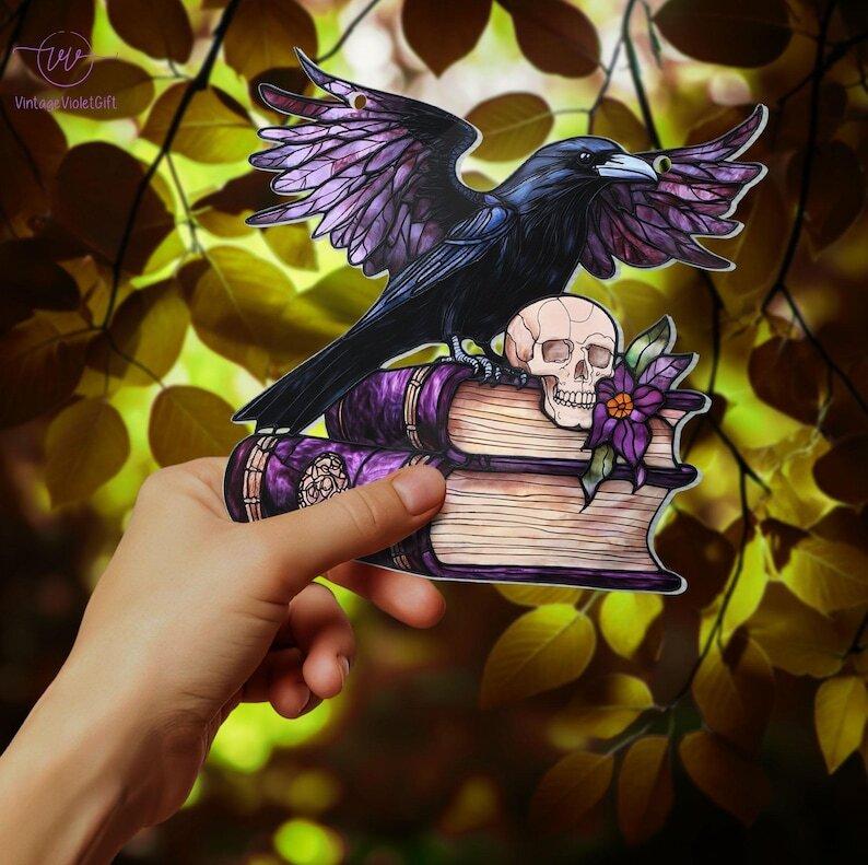 Raven Suncatcher Acrylic Ornament Window Decor, Raven Skull Acrylic Window Hangings, Book Lover gift, Halloween Gift, House decor, Spooky Season