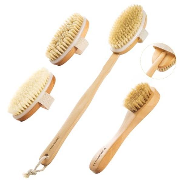 Dry Brushing Body Brush Set Wood Long Handle with 3 Detachable Heads, Face Brush,Body Scrubber Boar Bristle Exfoliator for Lymphatic Drainage and Cellulite,Back Scrubber for Shower