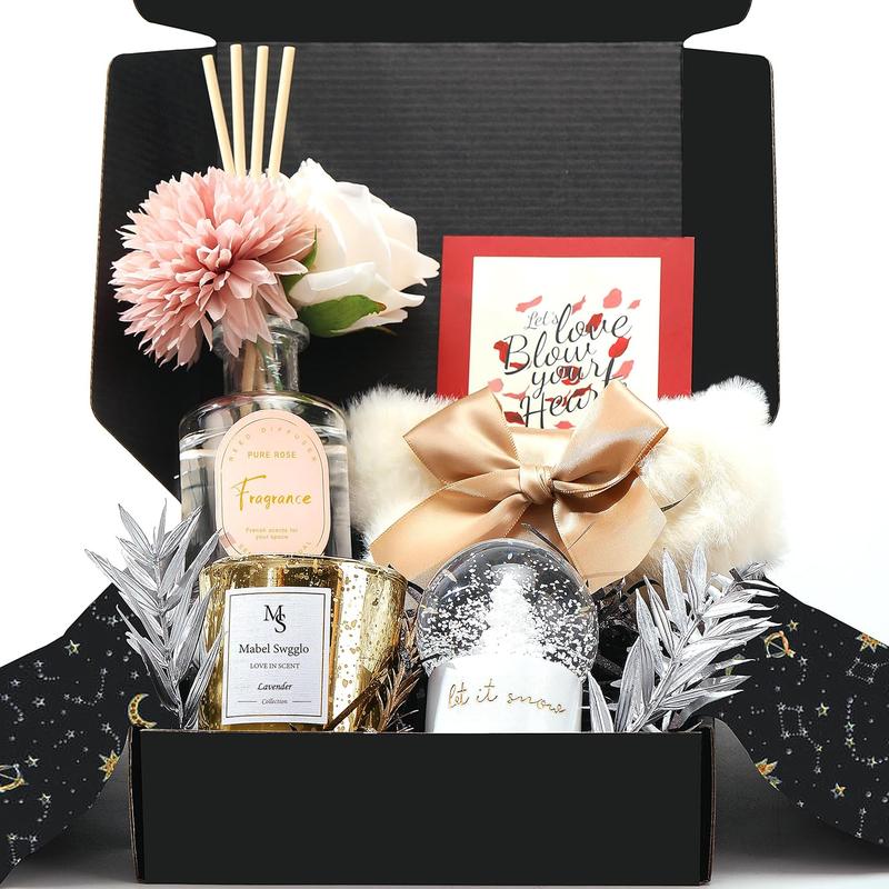 Christmas Gifts for Women Mom and Best Friends - Scented Candle, Reed Diffuser, Fuzzy Socks, Snow Globe, Flowers & More