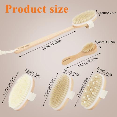 Dry Brushing Body Brush Set Wood Long Handle with 3 Detachable Heads, Face Brush,Body Scrubber Boar Bristle Exfoliator for Lymphatic Drainage and Cellulite,Back Scrubber for Shower