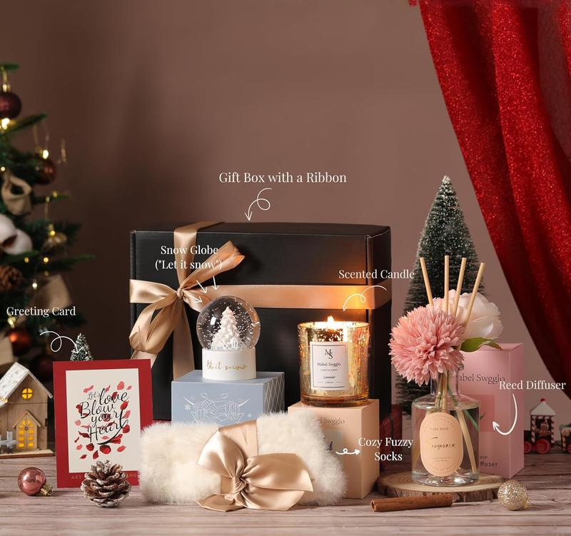 Christmas Gifts for Women Mom and Best Friends - Scented Candle, Reed Diffuser, Fuzzy Socks, Snow Globe, Flowers & More