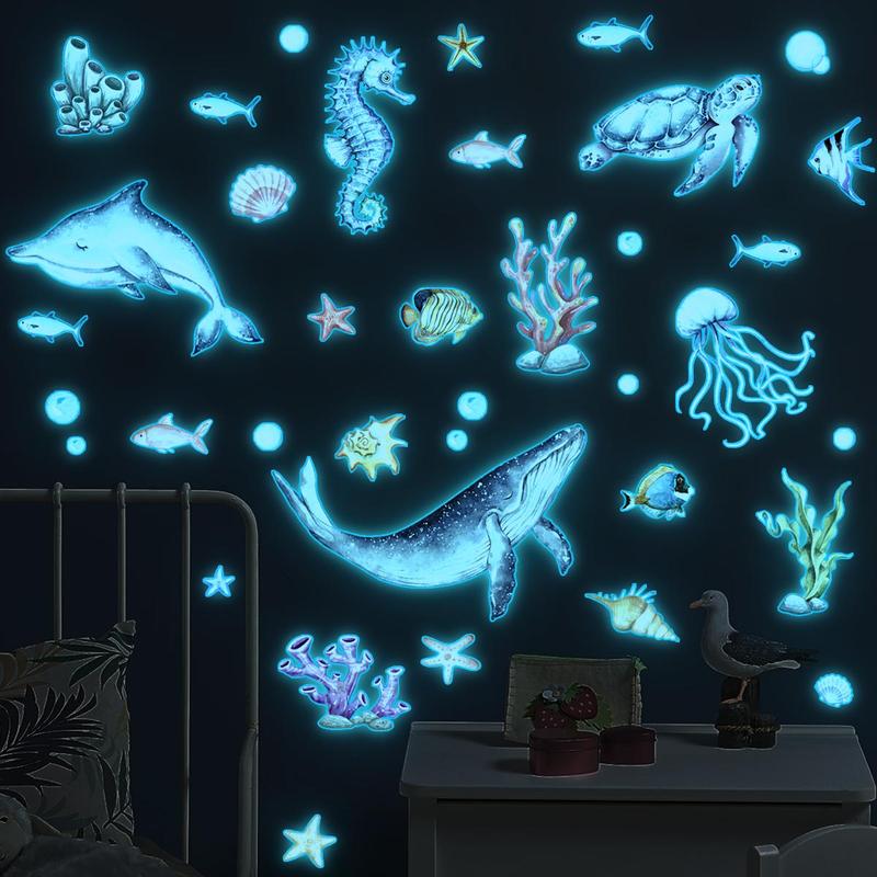 Underwater Animal Pattern Wall Sticker, 3pcs set Glow in the Dark Wall Decal, Self Adhesive Wall Decor for Home Bedroom Living Room