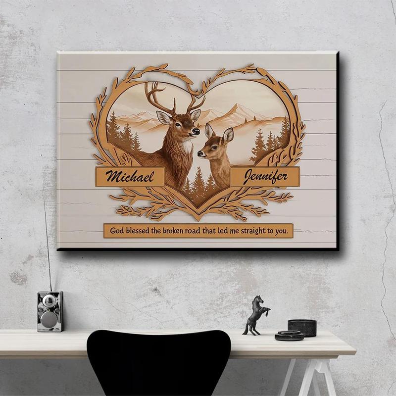 C24 Deer Love Mountains 2 Names, Couple Anniversary Gift For Wife Husband Personalized Canvas - Custom Photo, Map, Couple Name, Date Decor Matte