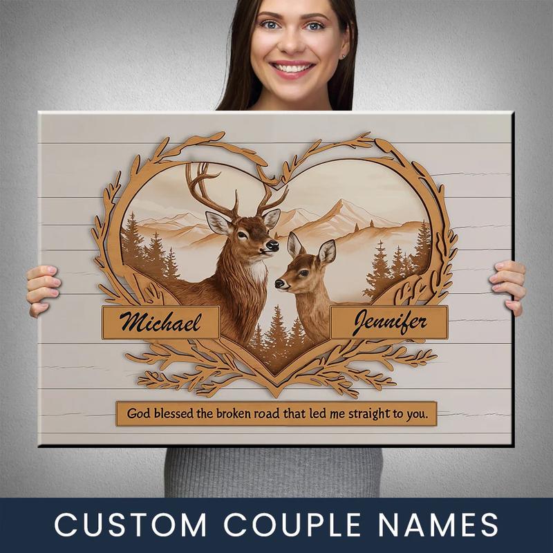 C24 Deer Love Mountains 2 Names, Couple Anniversary Gift For Wife Husband Personalized Canvas - Custom Photo, Map, Couple Name, Date Decor Matte