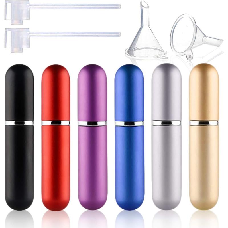 Mini Refillable Perfume Atomizer Bottle - 6 Pack, Empty Spray Bottle, 5 ml Capacity, with 2 Dispenser Pumps and 2 Funnels Tin Organiser