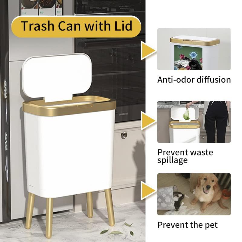 Bathroom Trash Can with Lid, Plastic Garbage Can with Lid, 4 Gal Gold Trash Bin with Push Button, Narrow White Trash Can Waste Basket for Bedroom, Living Room,OfficeDog Proof Trash Can