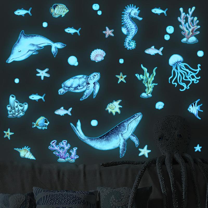 Underwater Animal Pattern Wall Sticker, 3pcs set Glow in the Dark Wall Decal, Self Adhesive Wall Decor for Home Bedroom Living Room