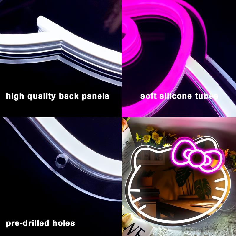 Cat Neon Wall Mirror with Dimmable LED Light Strip - Plastic, Wall Mounted, Switch Controlled, Multi-Use, USB Powered, With Chain, Not Wireless, No Batteries, Decor Room