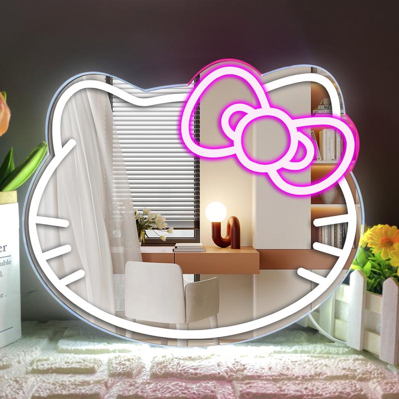 Cat Neon Wall Mirror with Dimmable LED Light Strip - Plastic, Wall Mounted, Switch Controlled, Multi-Use, USB Powered, With Chain, Not Wireless, No Batteries, Decor Room