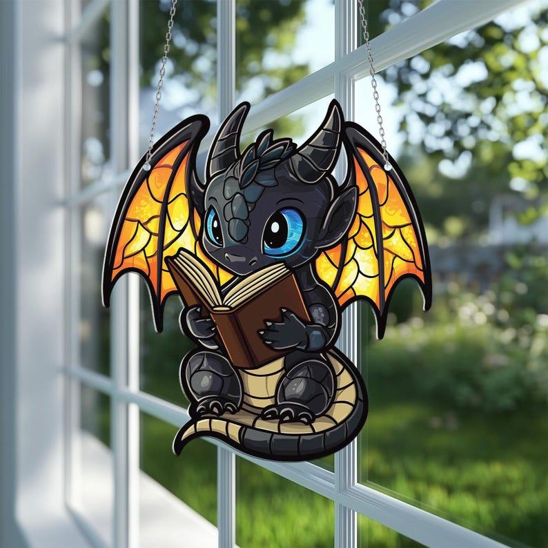 Book Dragon Acrylic Window Hanging, Fantasy Dragon Suncatcher Ornament, Dragon Wall Window Hanging Art Decoration, Bookish Home Decor