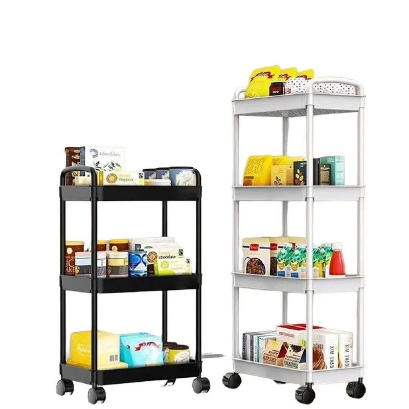 3 4-Tier Plastic Rolling Storage Cart with Adjustable Shelves & Utility Hooks - Space-Saving Organizer for Kitchen, Bathroom, Bedroom Racks