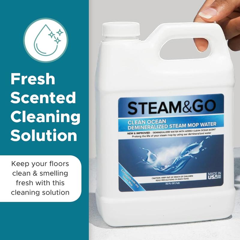 Steam & Go Demineralized Water for Steam Cleaner, PVC-Free Floor Cleaner Liquid Compatible With Any Mop Steamer, Ready-to-Use Multisurface Cleaner, Scented Mop Solution, Clean Ocean, 32 oz