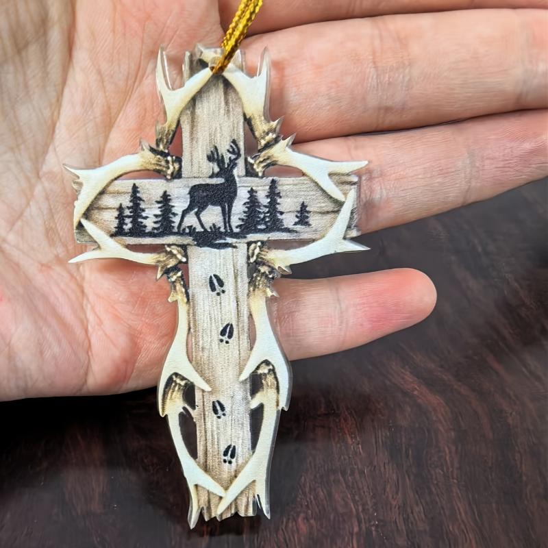 Acrylic Rustic Cross Hanging Ornament - Woodland Moose and Pine Tree Design for Home, Garden, Party Decor, Rearview Mirror Pendant, Keychain Charm, Thoughtful Gift for Friends and Family Hangable Decoration Wooden