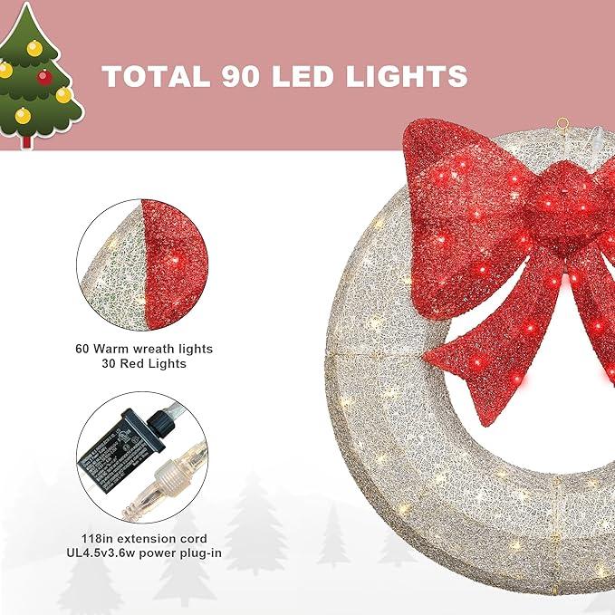 DKLGG 35in Lighted Outdoor Christmas Wreath Decoration Set of 2,90 LED Lights & Large Red Bow, Front Door Lighted Ornaments