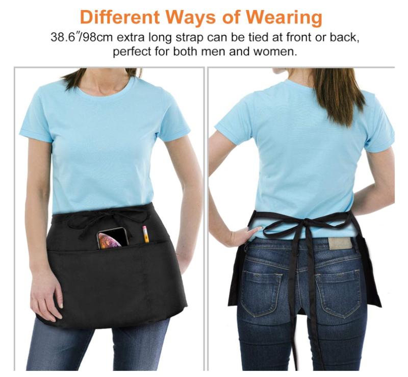 2 pack Waitress Apron - Server Aprons with 3 Pockets - Water & Oil Resistant Waist Apron with Pockets - Black Aprons For Servers - Half Aprons For Women with Pockets - 12 Inch