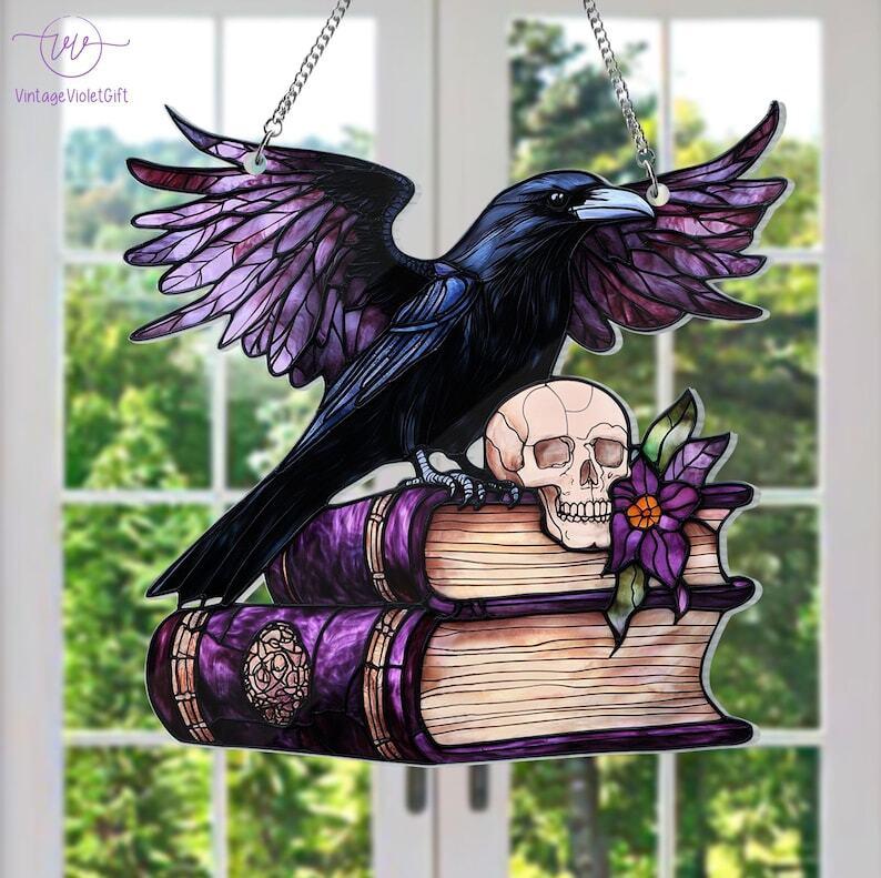 Raven Suncatcher Acrylic Ornament Window Decor, Raven Skull Acrylic Window Hangings, Book Lover gift, Halloween Gift, House decor, Spooky Season