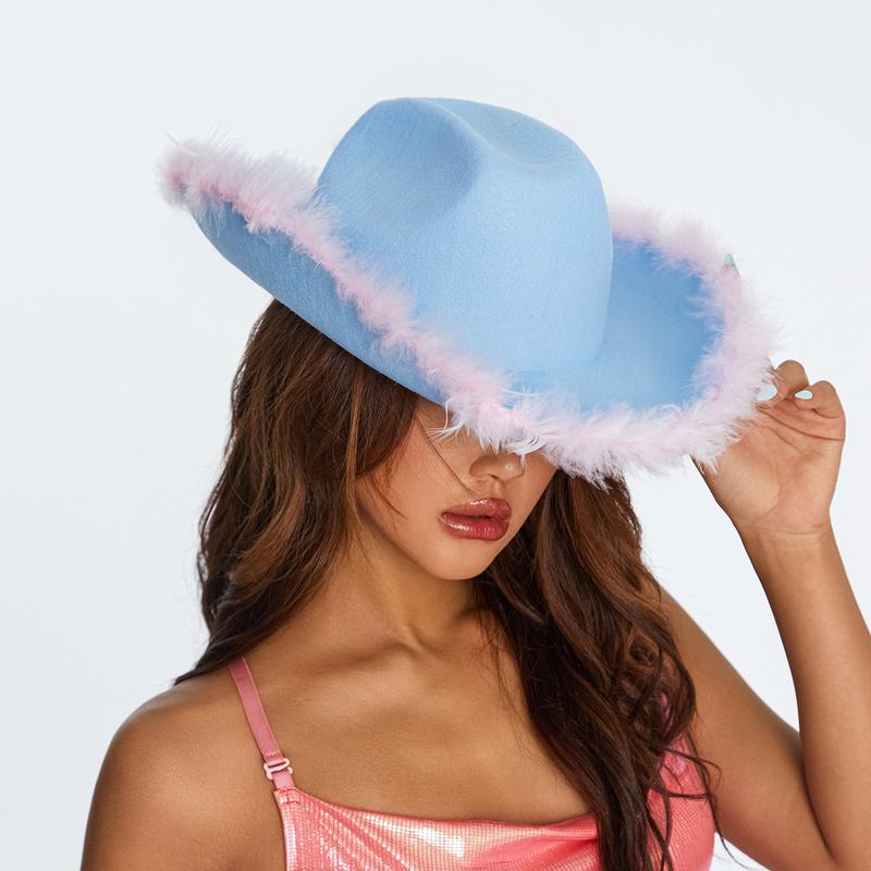 Cowgirl Hat for Women Cowboy Hats Fluffy Feather Brim Cowgirl Accessories for Cosplay Costume Party Halloween Carnival