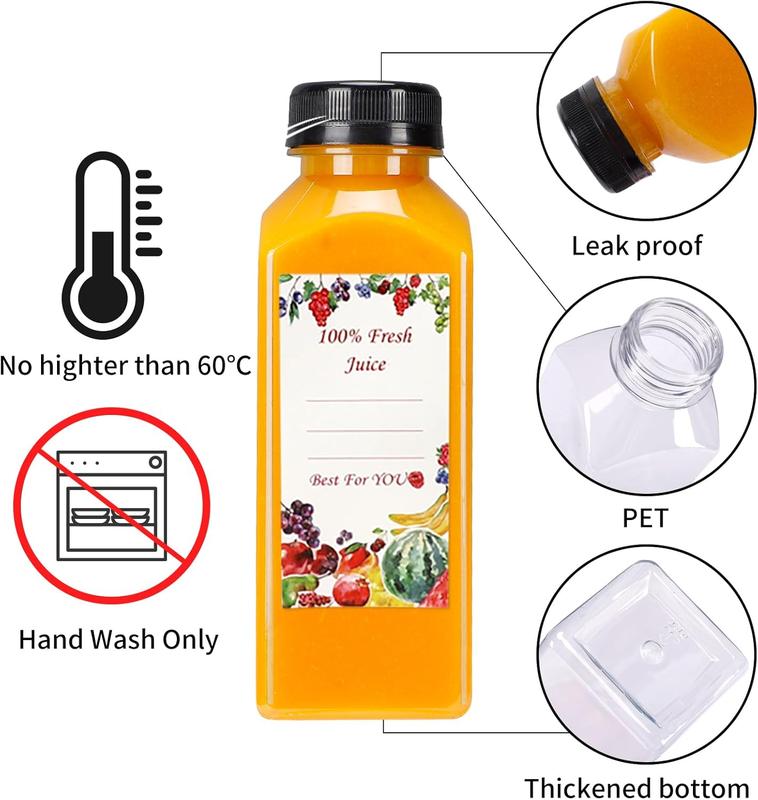 20 count 12oz Empty Plastic Juice Bottles with Caps, Reusable Water Bottles, Clear Bulk Drink Containers with Black Tamper Evident Lids for Juicing, Smoothie, Drinking and Other Beverages