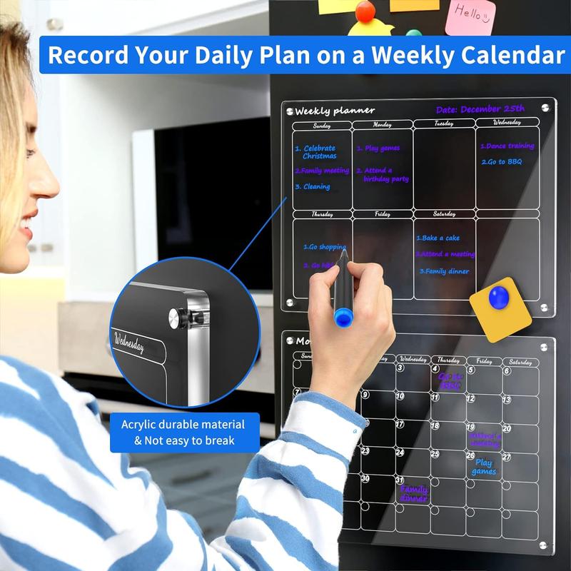 Acrylic Magnetic Calendar Monthly and to Do List for Fridge, Acrylic Clear Magnetic Dry Erase Board Calendar for Refrigerator, Reusable Planning Board, Planner Includes 6 Dry Erase Markers