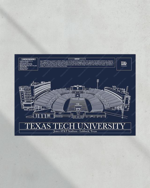 Texas Tech Red Jones AT&T Stadium Football Blueprint Wall Art