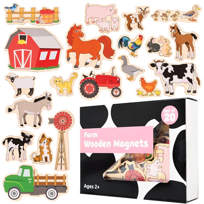 Wooden Magnets - Farm - Set of 20 - Magnets for Kids Ages 2+ - Cute Farm Magnets for Fridges, Whiteboards and More